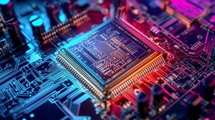 Colorful Close-Up View of Microprocessor on Circuit Board Surface