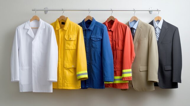 Professional work uniforms hanging on rack, displaying diverse career paths from healthcare, construction, emergency services, and corporate environments