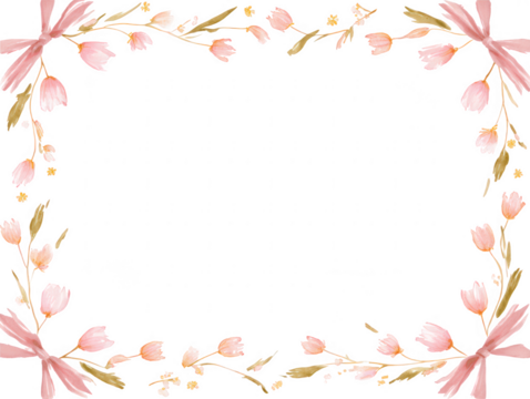 Delicate pink floral border with bows isolated on transparent background