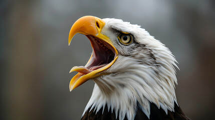 Obraz premium A striking portrait of a bald eagle with its beak wide open, seemingly calling out, set against a soft, blurred background, emphasizing its power