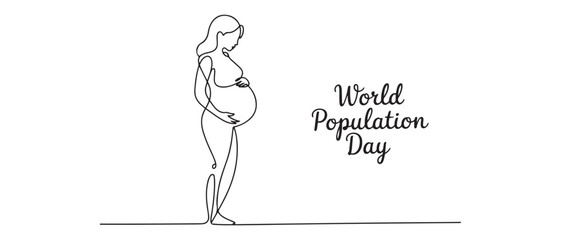 Single one line drawing Young beautiful pregnant woman standing with big belly. World population day. Continuous line draw design. Vector black silhouette. with white background