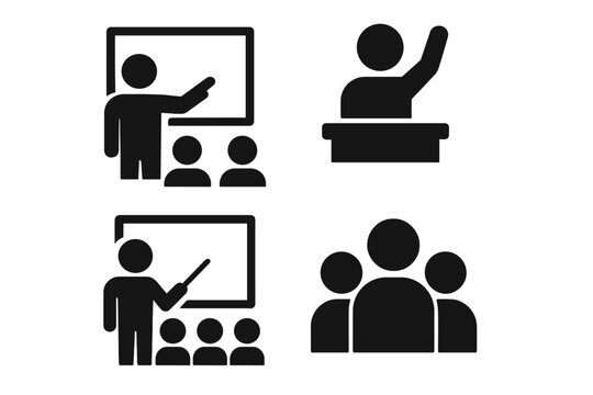 Education and learning solid icon set. Classroom teaching moments with teacher pointing at blackboard, student raising hand at podium, and group lecture for seminar or training.
