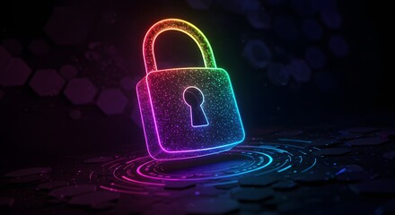 A vibrant, neonlit padlock hovers above a rippling surface, symbolizing digital security and data protection in a modern, technological landscape
