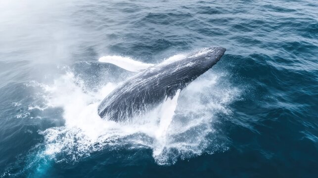 A whale breaching the ocean surface, seen from drone height, massive splash, dramatic sense of scale 
