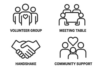 Community support outline icon set. Includes volunteer group, meeting table, and handshake symbols. Concepts of teamwork, coordination, collaboration, partnership and social help.