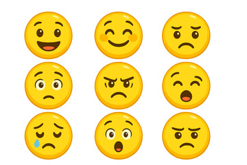 Emoji expressions set. Vector cartoon emoticons collection. Cute smiley faces showing different emotions: happy, sad, angry, crying, surprise. Funny character avatar icons.