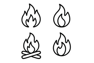 Fire flame and bonfire icon collection. Set of simple black outline symbols. Vector illustration of heat, burn and campfire signs for graphic design and web elements.