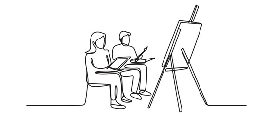 Single one line drawing happy people study together in painting class. Class it up concept. Continuous line draw design graphic vector illustration. Vector black silhouette. with white background