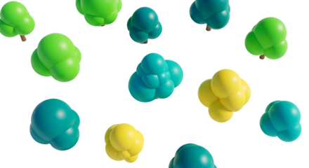 Colorful Molecular Structures in Bright Green Blue and Yellow on Transparent Background