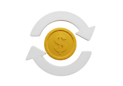Financial Cycle Representation with Dollar Coin and Arrows Signifying Exchange Currency Conversion and Continuous Money Flow on a Black Background