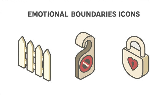 Emotional boundaries isometric icon set. Setting limits for mental health and self-care. Psychology vector symbols of picket fence, do not disturb sign and locked heart.