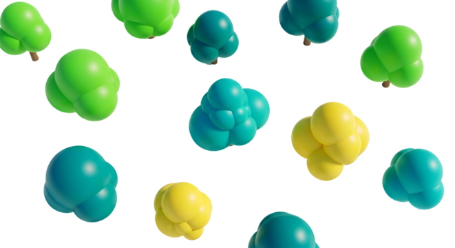 Colorful Molecular Structures in Bright Green Blue and Yellow on Transparent Background