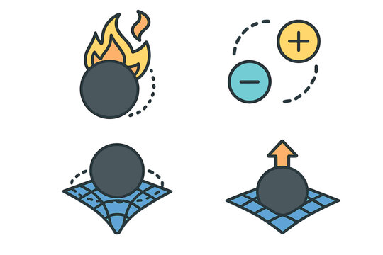 Quantum physics phenomena vector icon set. Hawking radiation, black hole evaporation, virtual particle pair, event horizon, and spacetime curvature grid. Science illustration.