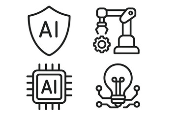 AI technology outline icon collection. Artificial intelligence concepts including shield for security, robotic arm for automation, chip for processing, and lightbulb for innovation.