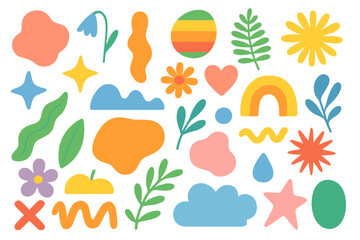 Set of colorful abstract shapes and trendy doodle elements. Modern minimalist geometric forms and nature icons. Vector cartoon collection with flowers, clouds, and rainbows.