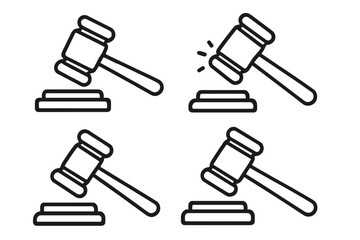 Judge gavel icon set. Law and justice symbol collection. Court hammer vector illustration. Auction, court, law, legal decision, verdict, sentence concept. Pictogram set.