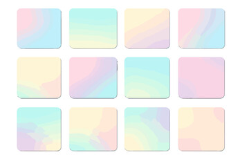 Pastel gradient vector collection. Soft color palette. Holographic background. Unicorn colors. Abstract blur mesh. Modern design element. Smooth color transition swatches.