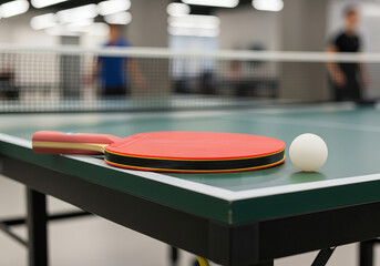 Close-Up of Table Tennis Paddle and Ball on a Sports Table in an Indoor Setting