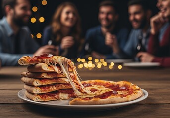 Delicious Pepperoni Pizza Stacked with Melting Cheese on a Table with Friends
