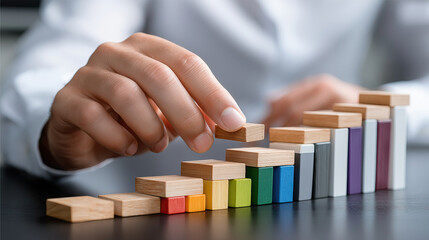 Building blocks are arranged in graph like structure, showcasing growth and progress. hand is placing block, symbolizing development and strategy