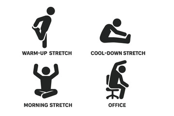 Stretching exercise icon set. Solid pictograms of warm-up, cool-down, morning and office stretches. Fitness, wellness, flexibility and ergonomics concepts. Vector illustration.