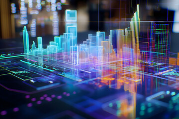 Immersive data visualization showing growth trends and abstract financial analytics with vibrant digital cityscapes and futuristic technology interfaces