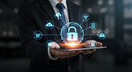 A man in a suit holds a tablet displaying a digital padlock surrounded by cybersecurity icons, representing data protection and network security