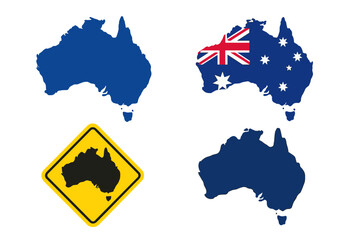 Australia map vector illustration set. Collection of Australian national symbols including flag map, country silhouette, and warning road sign icon for geography or travel.