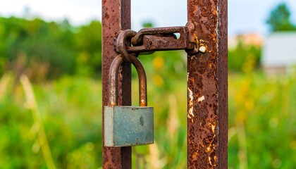 A rusty metal gate secured by a padlock, showcasing the weathered texture of the aged metal against a blurred green background.