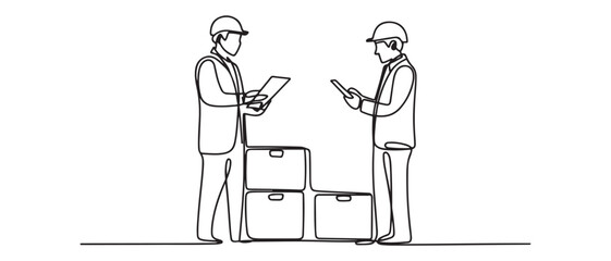 Continuous one line drawing two engineers checking and controlling the loading containers box. Vector black silhouette. with white background