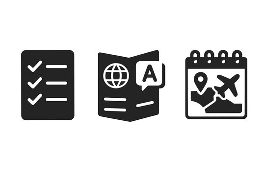 Study abroad solid glyph icon set. International education and student exchange program concept. Travel preparation checklist, language learning, and trip itinerary planner.