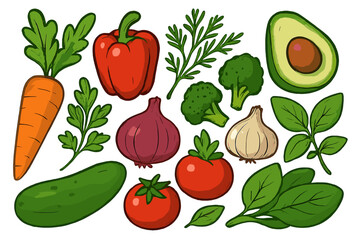 Set of fresh vegetables and herbs for healthy cooking. Vector illustration of carrot, tomato, avocado, pepper, onion. Healthy food, grocery, recipe, market icons.