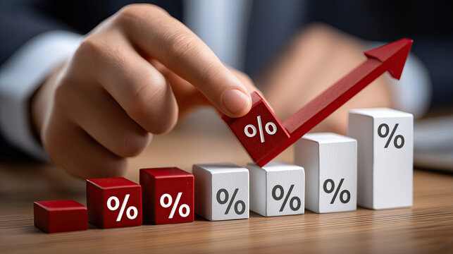 Increasing percentage growth represented by blocks and arrow, symbolizing financial success and progress in business