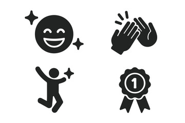 Success icon set. Solid glyph icons of achievement and celebration. Includes winning ribbon, clapping hands, jumping for joy, and happy sparkling face. Vector pictogram.