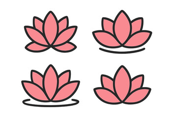 Set of four pink lotus flower vector icons. Simple clean symbols for spa, yoga, meditation, and wellness concepts. Beauty and harmony logo template collection illustration.