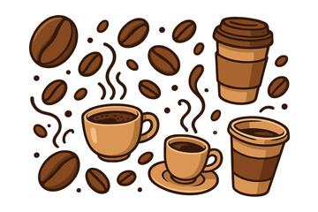 Obraz premium Coffee cup and beans vector icon set. Cartoon illustration collection for cafe menu or shop branding. Espresso, latte, cappuccino elements. Hot drink and beverage design.