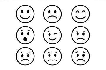 Fototapeta premium Simple smiley face line icon set. Emotion and emoticon collection. Happy, sad, angry face. Customer experience feedback. Satisfaction level, rating scale vector symbol.