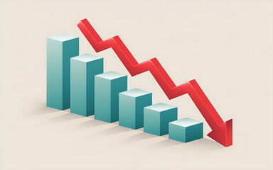 3D illustration features a bar graph with five vertical bars, indicating a decreasing trend, and a red zigzag line, highlighting a clean, modern, and uncluttered design.