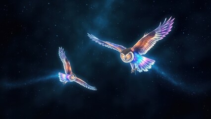 Two glowing fantasy owls are flying at night in the starry space, with a cosmic sky on a blurred background. Concept for an animated film or cartoon