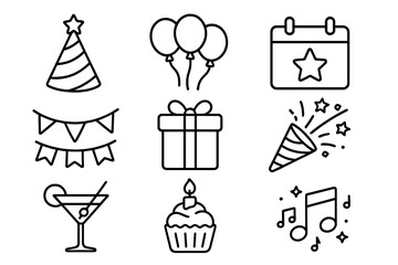 Party celebration line icon set. Festive outline symbols for birthday, event, and holiday design. Vector collection of minimal icons: gift, balloon, cake, and confetti.