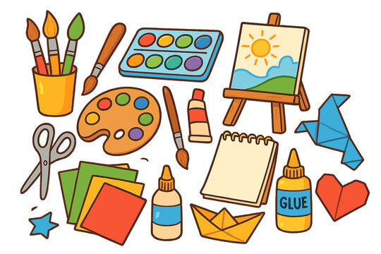 Art supplies and creative tools set. Watercolor paints, brushes, color palette, easel with painting, glue, scissors, notepad, origami, craft paper, cartoon vector illustration, white background.