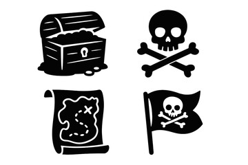 Pirate adventure icon set with treasure chest, skull and crossbones, Jolly Roger flag, and old map. Black silhouette vector cartoon collection for adventure and fantasy.