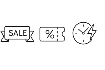 Sale icon set. Promotional pricing campaign. Outline banner, discount coupon, flash sale clock. Vector illustration for retail. Special offer. Marketing symbols. Commerce.