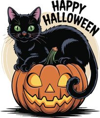 Obraz premium Black cat on carved pumpkin with happy halloween text isolated on transparent background