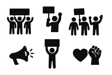 Protest and activism silhouette icon set. Vector symbols of demonstration, human rights, and revolution. Crowd of people with signs, megaphone, and raised fist for social movements.