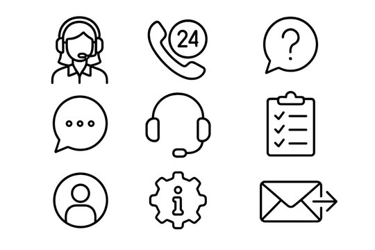 Customer service line icon set. Call center operator, 24-hour support, and communication tools. Contact us outline collection. Vector helpdesk and feedback symbols. - Powered by Adobe