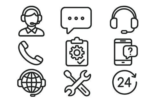 Customer service line icon set. Contact us, support, call center, helpdesk. Communication tools outline. Headset, phone, chat bubble, 24-hour service vector collection.