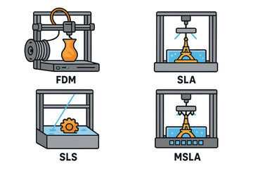 3D printing technology types vector icon set. FDM, SLA, SLS, MSLA methods illustrated. Additive manufacturing, rapid prototyping, engineering, and industrial production concept.