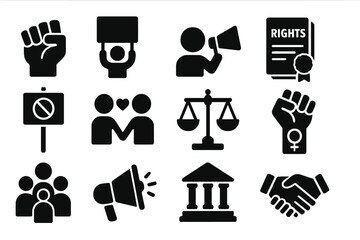 Protest and justice solid icon set. Activism, equality, and legal rights glyph collection. Vector illustration for social issues, human rights, demonstration, and law concepts.
