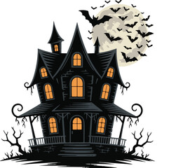 Spooky haunted mansion with bats flying in front of a full moon isolated on transparent background